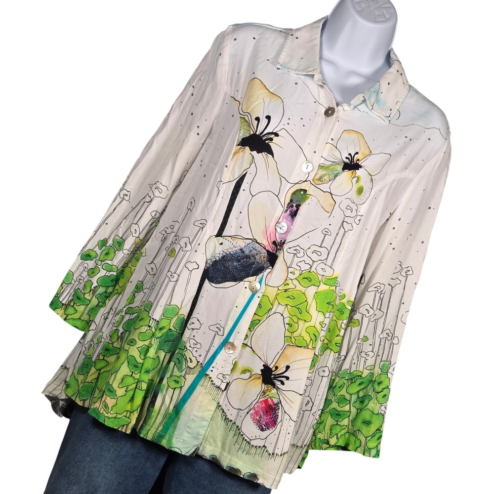Simply Art Dolcezza Women Medium Button Up Blouse Watercolor Floral Print Artsy